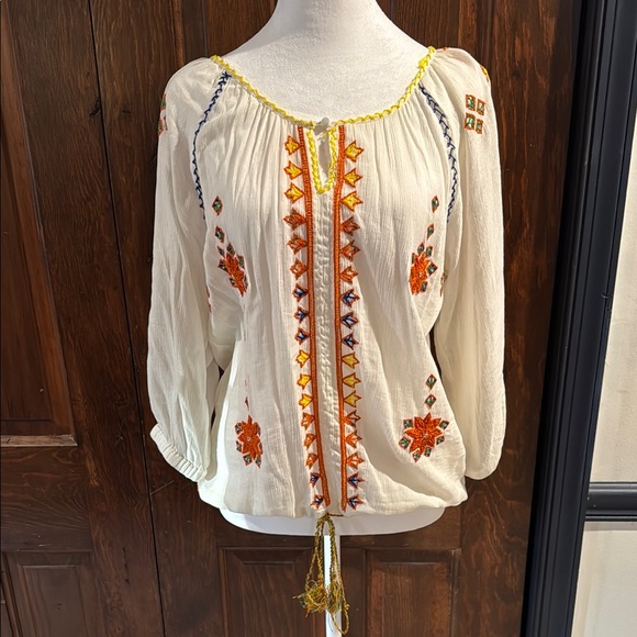 Anthropologie Greylin Cream and Orange Blouse with Vibrant Details - Picture 1 of 2